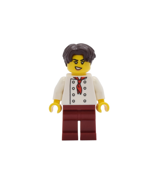 LEGO - Tudorhuis-kok – wit torso met 8 knopen, donkerrode benen, donkerbruin golvend haar - | N