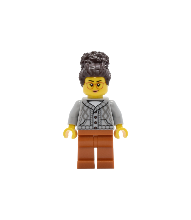 LEGO - Tudorhuis-herbergier – lichtgrijze gebreide kabeltrui, donkeroranje benen, donkerbruin opgestoken haar - | N