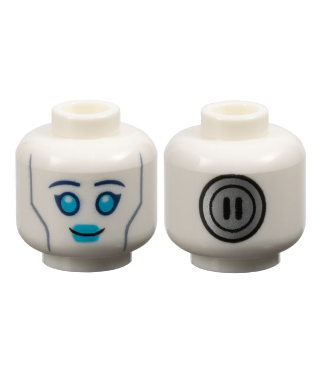 LEGO - Minifiguur-hoofd buitenaardse vrouw met donkerblauwe wenkbrauwen, lichtblauwe ogen en lippen, zandblauwe wangenlijnen en zilveren energiepoort op achterkant – geventileerde nop - White | N