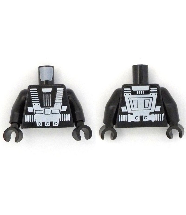 LEGO - Torso ruimteharnas met witte borstpanelen, klinknagels en rugopdruk (Blacktron I) / zwarte armen / zwarte handen - Black | N