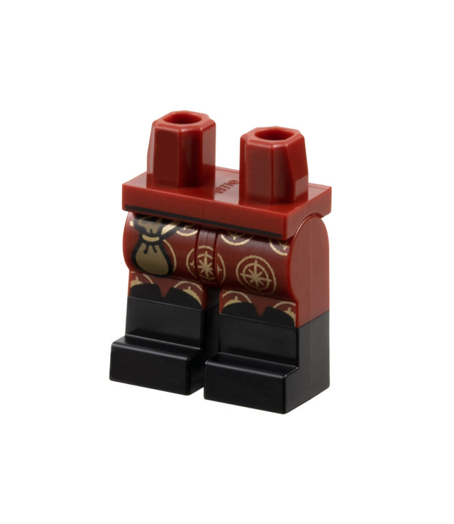 LEGO - Heupen en benen met gegoten zwarte onderbenen / laarzen en bedrukt donkerzandkleurig tasje en gouden kompaslogo’s - Dark Red | N