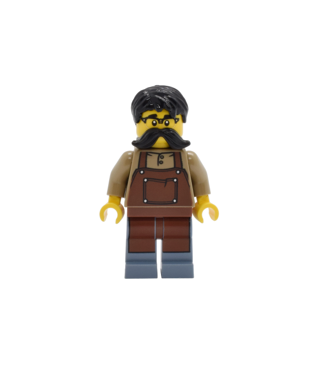 LEGO - Tudorhuis-klokkenmaker – zandkleurig overhemd met roodbruine schort, zandblauwe benen, zwart haar en snor - | N