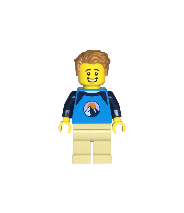 LEGO - Rolstoelgebruiker – man, donkerblauw shirt met bergen, zandkleurige benen, nougatkleurig warrig haar - | N
