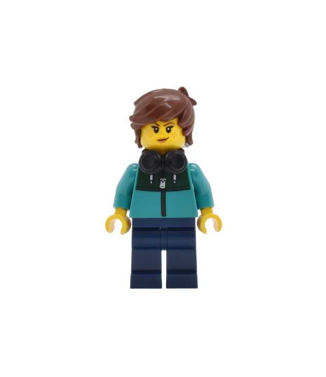 LEGO - Tudorhuis-bewoner – donkergroenblauw jasje met groen paneel, donkerblauwe benen, roodbruin warrig haar, zwarte koptelefoon - | N
