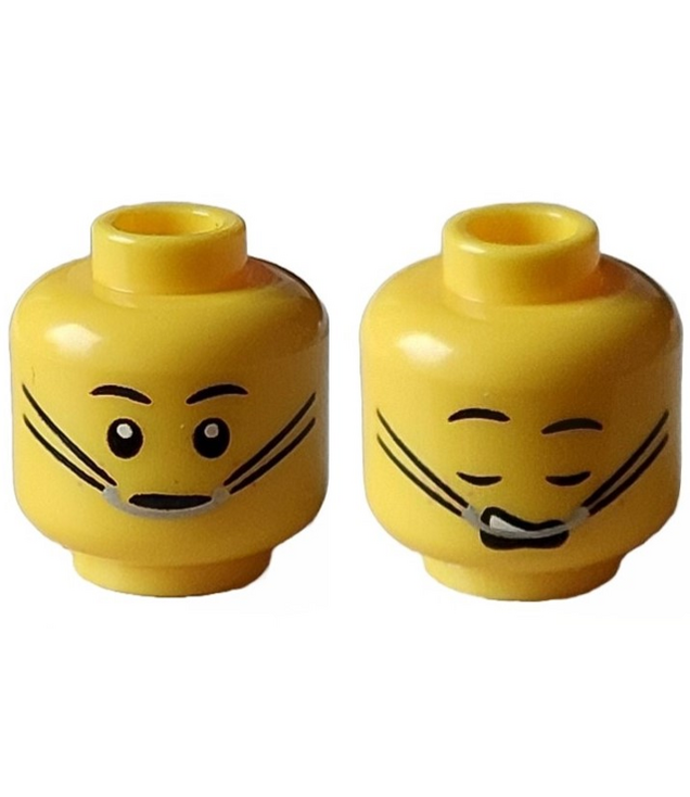 LEGO - Minifiguur-hoofd dubbelzijdig, zwarte wenkbrauwen, zilveren beugel met zwarte bandjes, open ogen en gesloten mond / gesloten ogen en open mond (slaap) – geventileerde nop - Yellow | N