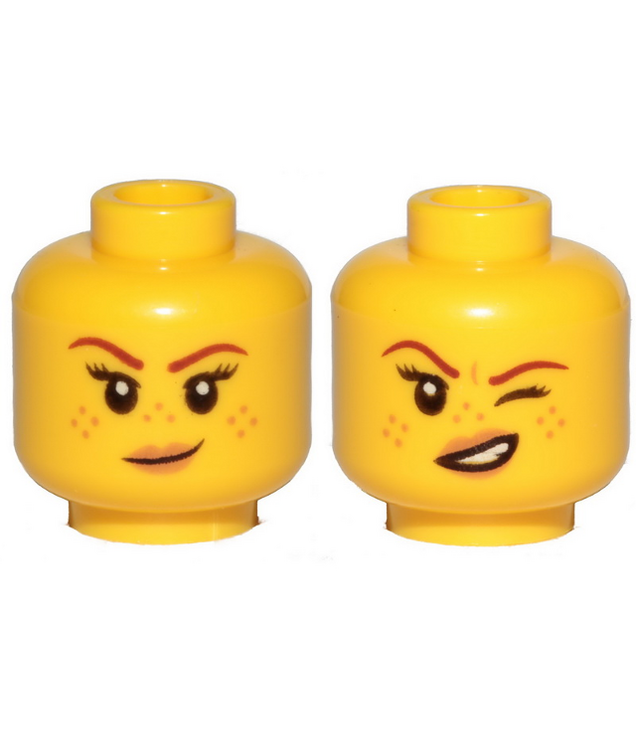 LEGO - Minifiguur-hoofd dubbelzijdig vrouwelijk, roodbruine wenkbrauwen, nougat sproeten en lippen, kleine glimlach / linkeroog dichtgeknepen – holle nop (3626cpb2145) - Yellow | N