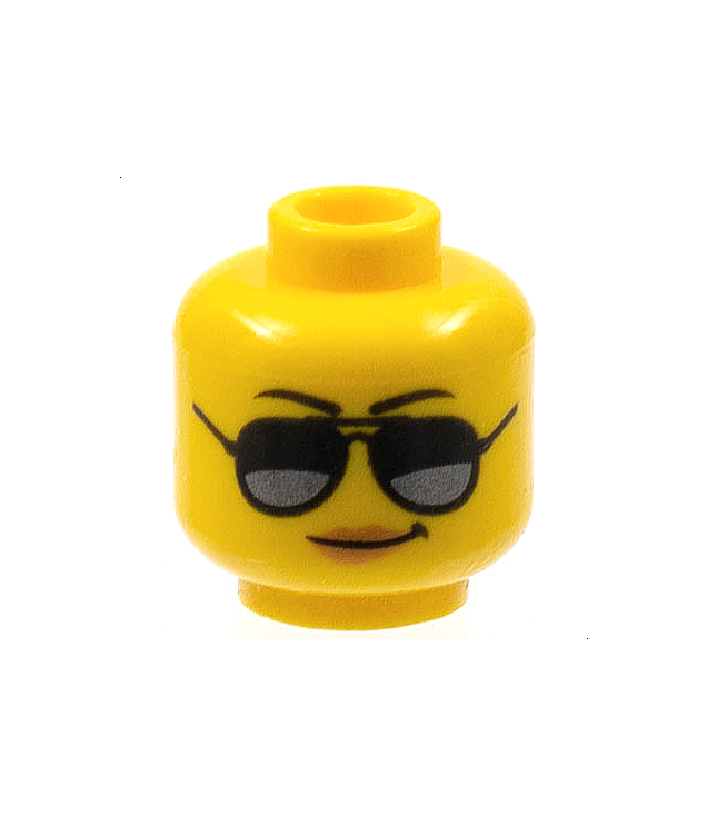 LEGO - Minifiguur-hoofd vrouwelijk, zwarte wenkbrauwen, zonnebril met zilveren reflectie, nougat lippen, glimlach – holle nop - Yellow | N