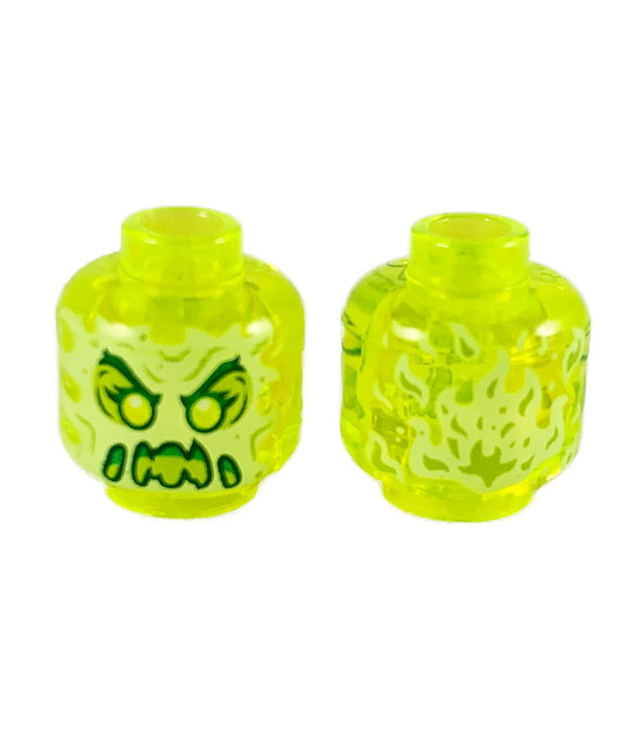 LEGO - Minifiguur-hoofd buitenaardse geest met geelgroen gezicht, slijmbek, opgetrokken wenkbrauwen en vlammen op achterkant – holle nop (3626cpb2451) - Trans-Neon Green | N