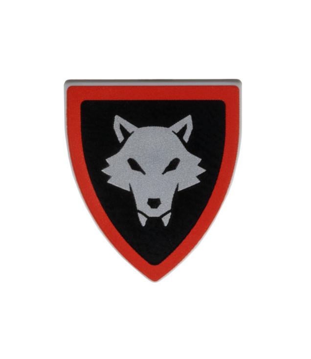 LEGO - Minifiguur-schild driehoekig kort met zilveren Wolfpack-ogen en rode rand op zwarte achtergrond - Light Bluish Gray | N