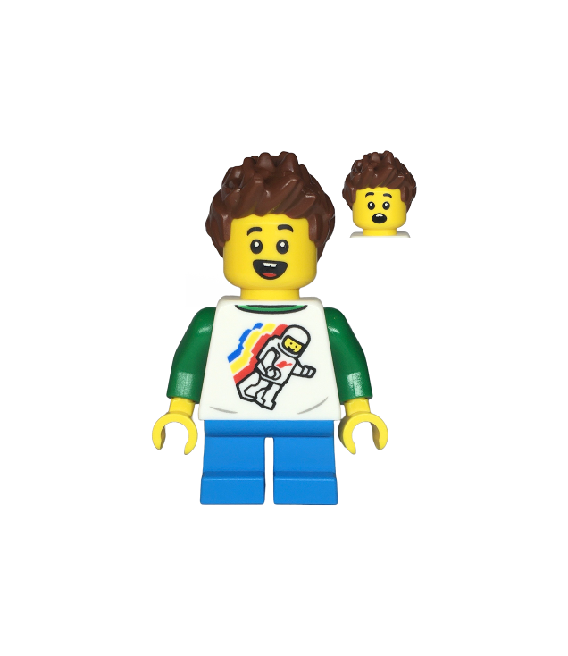 LEGO - Kind – jongen, Classic Space-shirt met zwevende minifiguur en rugopdruk, donkerblauwe korte benen, roodbruin stekelig haar - | N