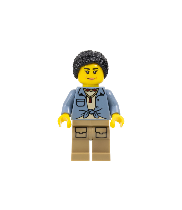 LEGO - Stadsjungle-verkenner – vrouw, zandblauw geknoopt overhemd over zandkleurig T-shirt, zandkleurige benen, zwart haar - | N