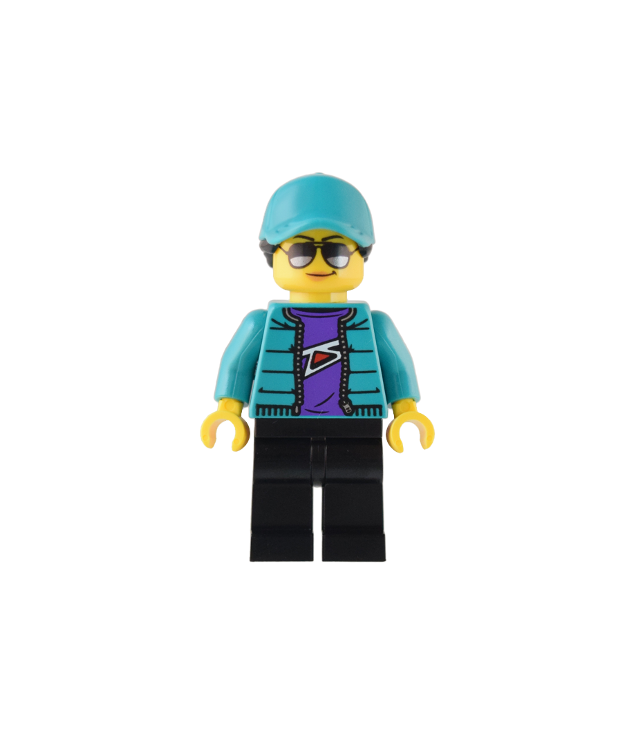 LEGO - Custom Car Garage-coureur – vrouw, donkergroenblauw jack, zwarte benen, donkergroenblauwe pet met zwarte paardenstaart, zonnebril - | N
