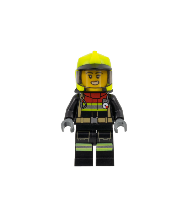 LEGO - Brandweer – vrouw, zwarte jas en benen met reflectiestrepen en rode kraag, gele helm, bruine vizier, geschrokken open mond met tanden - | N