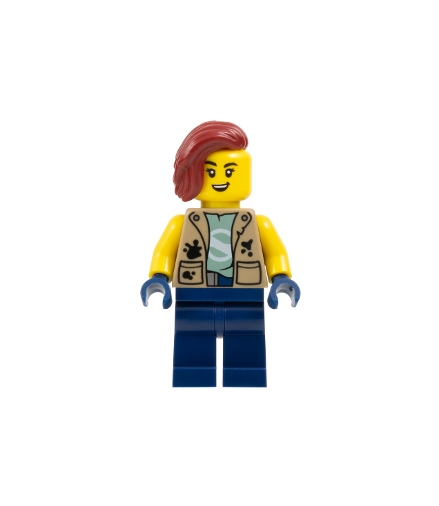 LEGO - Stadsjungle-verkenner – vrouw, donkerzandkleurig vest, donkerblauwe benen, donkerrood haar - | N