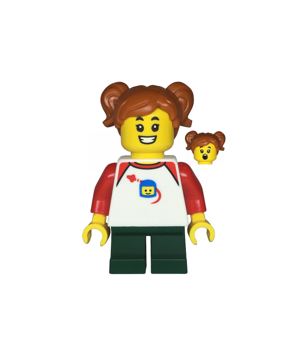 LEGO - Kind – meisje, wit Classic Space-shirt met rode mouwen, donkergroene korte benen, donkeroranje staartjes - | N