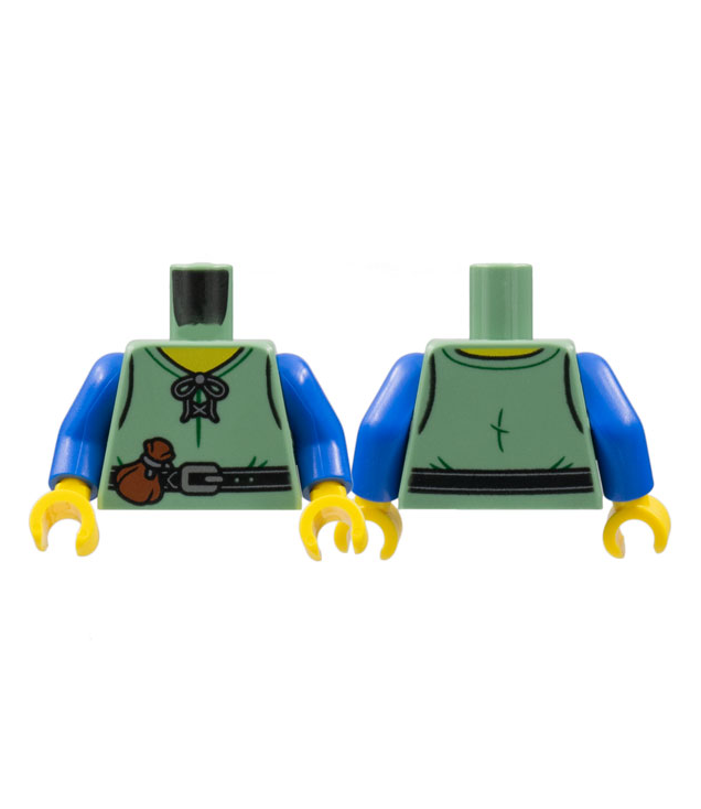 LEGO - Torso veterhemd, gele hals, zwarte riem met zilveren gesp, roodbruine buidel / blauwe armen / gele handen - Sand Green | N