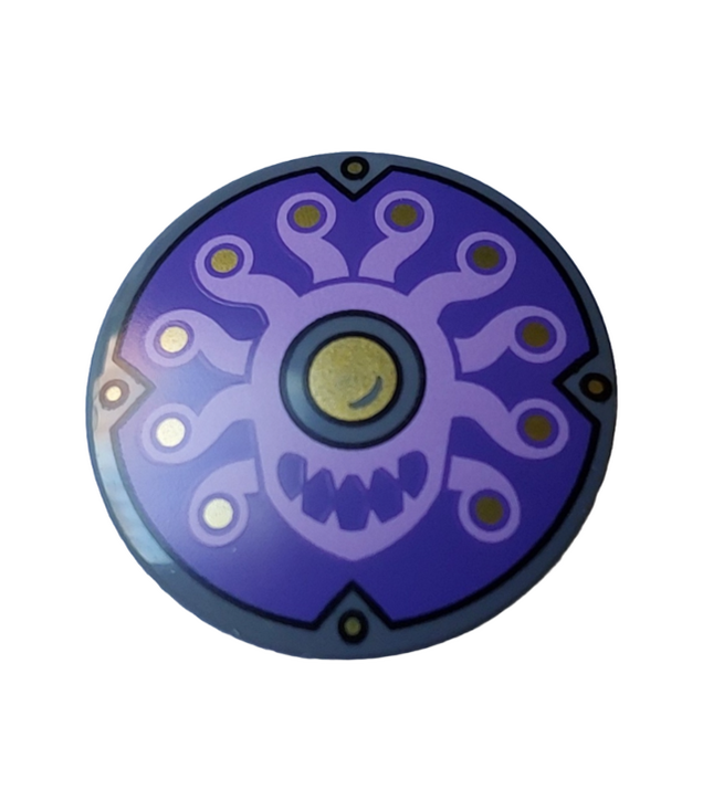 LEGO - Minifiguur-schild rond bol met lavendelkleurig monster met 10 tentakels, gouden ogen en klinknagels, groot oog met zwarte omlijning op paarse achtergrond (Beholder) - Dark Bluish Gray | N