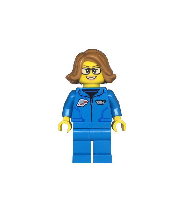 LEGO - Ruimtewetenschapper – vrouw, donkerblauw pak, nougatkleurig haar, bril, open lach - | N