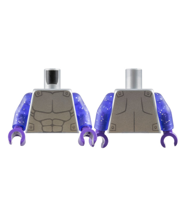 LEGO - Torso zilverkleurig pantser met grijze spieromtrek / glinsterende paarse armen / donkerpaarse handen - Flat Silver | N