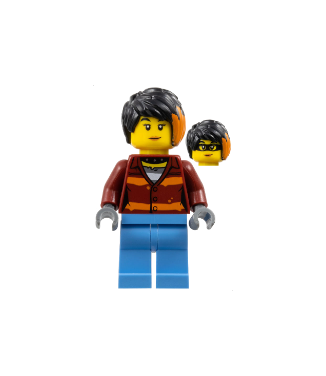 LEGO - Politieboef – vrouw, Daisy Kaboom met donkerrood torso met oranje strepen en lichtblauwe benen - | N