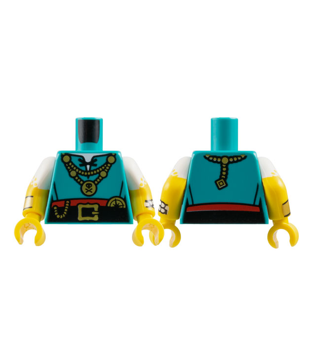 LEGO - Torso overhemd met zwarte veter, riem, rode rok en gouden kettingen, gesp en kompas / gele armen met gegoten witte korte mouwen, gele stippen en armbanden / gele handen - Dark Turquoise | N