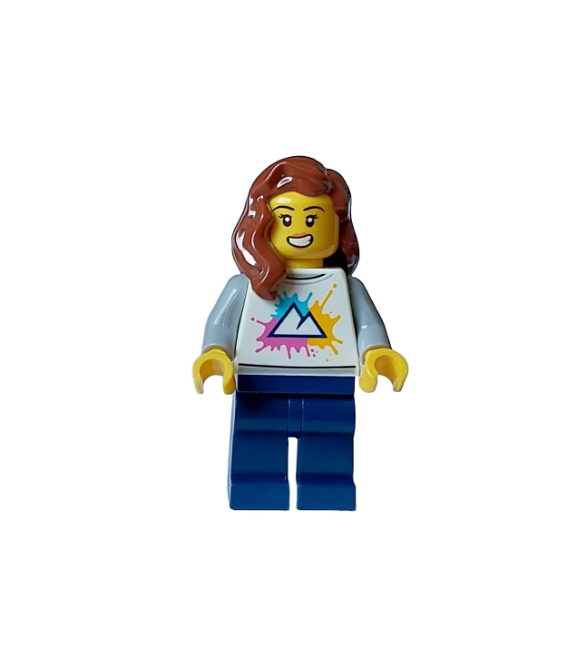 LEGO - Gezellig huis-bewoonster – wit shirt met berglogo, donkerblauwe benen, roodbruin haar - | N