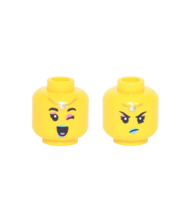 LEGO - Minifiguur-hoofd dubbelzijdig vrouwelijk, donkerroze oogschaduw, lichtblauwe lippen, gouden amulet op voorhoofd, lach met knipoog / boos – holle nop (3626cpb2990) - Yellow | N