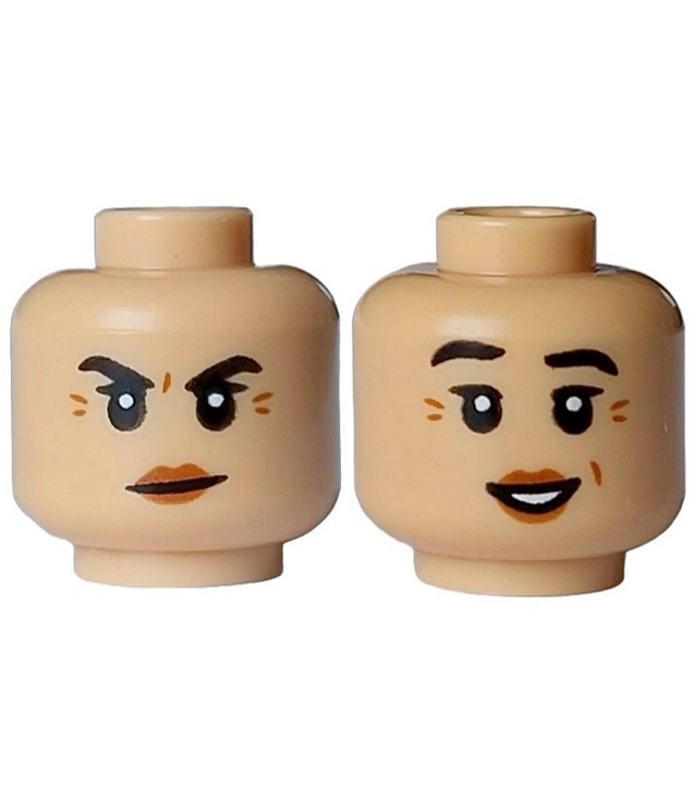 LEGO - Minifiguur-hoofd dubbelzijdig vrouwelijk, zwarte wenkbrauwen opgetrokken, donkeroranje rimpels en lippen, gesloten boze mond / open lach met witte tanden – geventileerde nop - Medium Tan | N