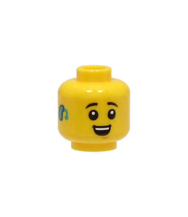 LEGO - Minifiguur-hoofd zwarte wenkbrauwen, nougat kin-kuiltje, open lach met tanden, donkergroenblauw gehoorapparaat – geventileerde nop - Yellow | N