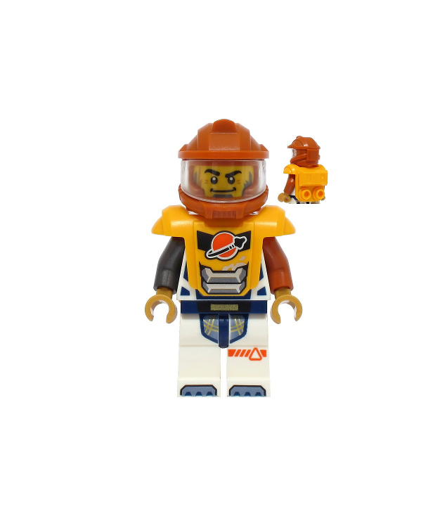 LEGO - Astronaut – man, wit ruimtepak met donkeroranje en donkergrijze armen, donkeroranje helm, lichtoranje pantser met goudstaaf - | N