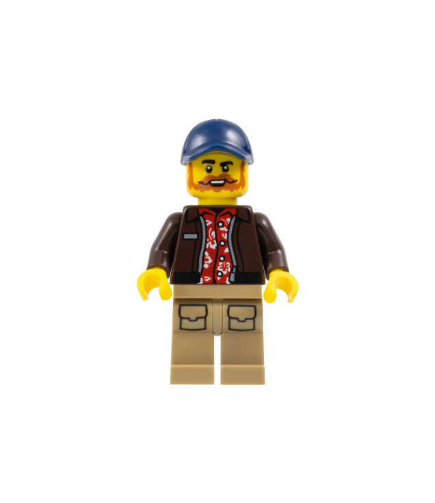 LEGO - Stadsjungle-piloot – donkerbruin jasje over rood shirt, zandkleurige benen, donkerblauwe pet - | N