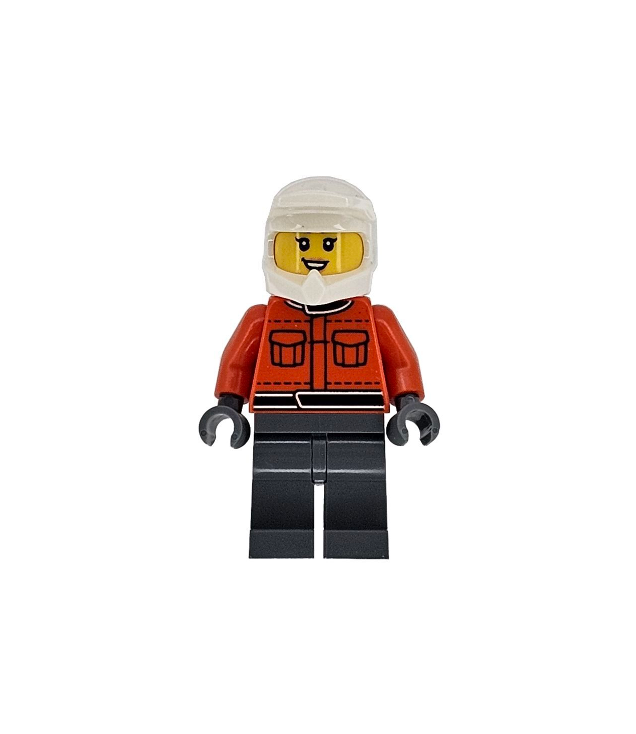 LEGO - Formule 1-pitcrew – vrouw, oranje racepak met zakken, donkergrijze benen, witte helm, open lach - | N