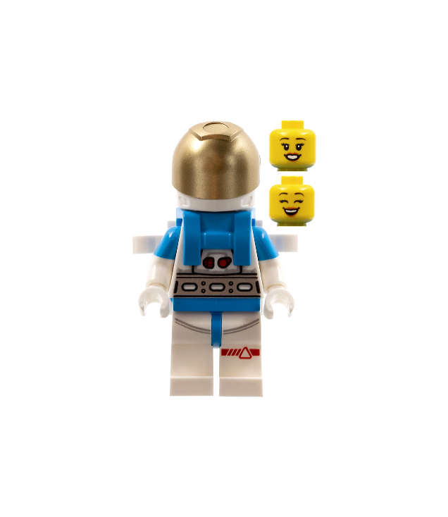 LEGO - Maanonderzoeksastronaut – vrouw, wit-donkerblauw pak, witte helm, gouden vizier, rugclip en open lach - | N