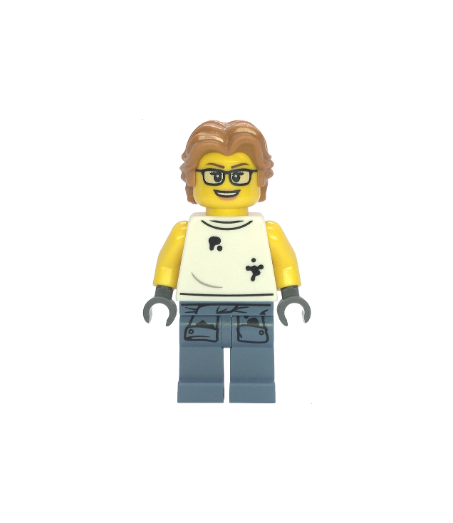 LEGO - Sloopplaatsmedewerker - vrouw, wit mouwloos shirt met olievlekken, zandblauwe benen, middelbruinig golvend haar, bril - | N
