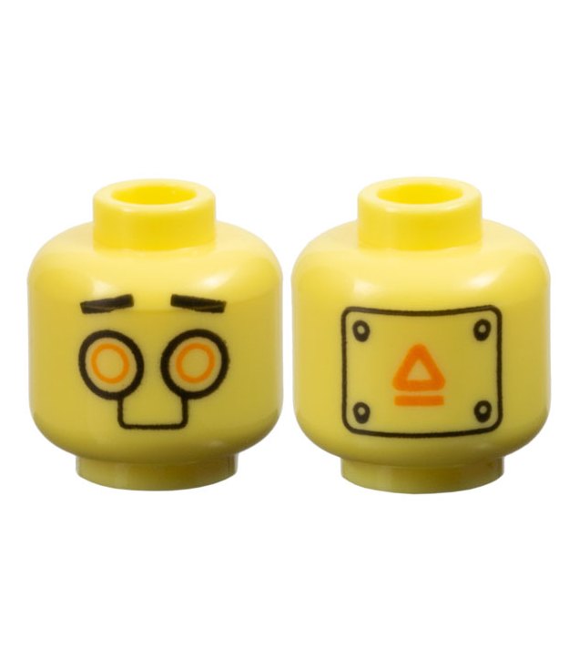 LEGO - Minifiguur-hoofd, buitenaardse robot met rechte zwarte wenkbrauwen, oranje cirkelogen en waarschuwingspaneel op achterzijde - geventileerde nop - Bright Light Yellow | N