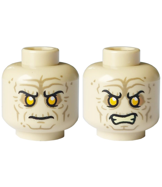 LEGO - Minifiguur-hoofd dubbelzijdig met rimpels, ingezonken gele ogen, korte zwarte wenkbrauwen, streng / ontblote tanden-boos patroon (Star Wars Palpatine) - holle nop - Tan | N