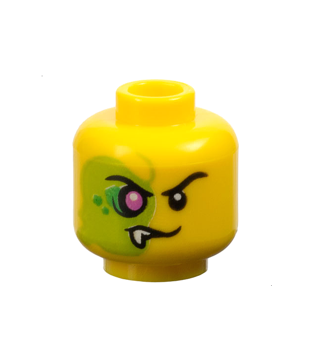 LEGO - Minifiguur-hoofd, buitenaards wezen met zwarte wenkbrauwen, boze grijns links, limoengroen gezicht met magenta oog, felgroene schubben en witte hoektand rechts - geventileerde nop - Yellow | N
