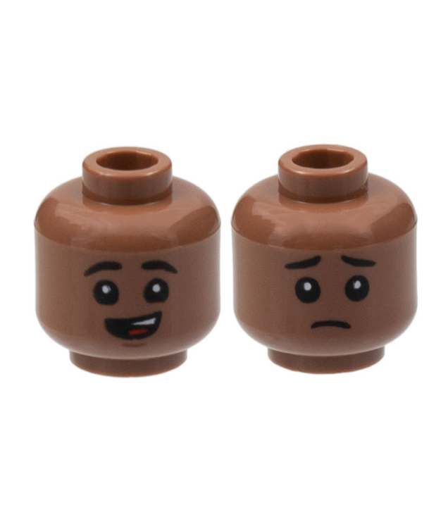 LEGO - Minifiguur-hoofd dubbelzijdig kind, zwarte wenkbrauwen, scheve open glimlach met boventanden en rode tong / verdrietig patroon - holle nop - Medium Brown | N