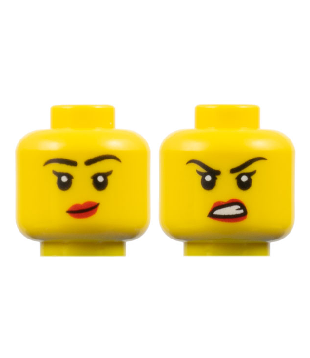 LEGO - Minifiguur-hoofd dubbelzijdig vrouw, zwarte wenkbrauwen, enkele wimpers, rode lippen, scheve grijns / fronsend patroon - geventileerde nop - Yellow | N
