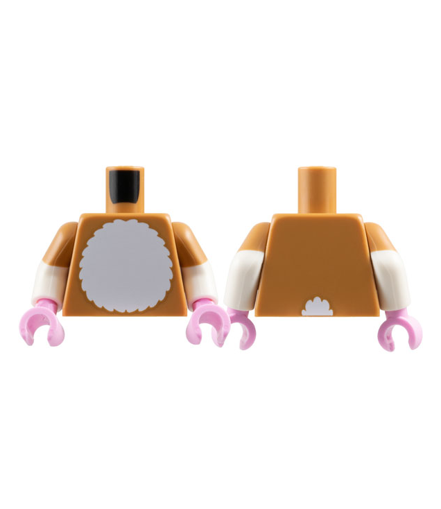 LEGO - Torso wit harige borst en staart op achterzijde / witte armen met gegoten middelbruine korte mouwen / felroze handen - Medium Nougat | N