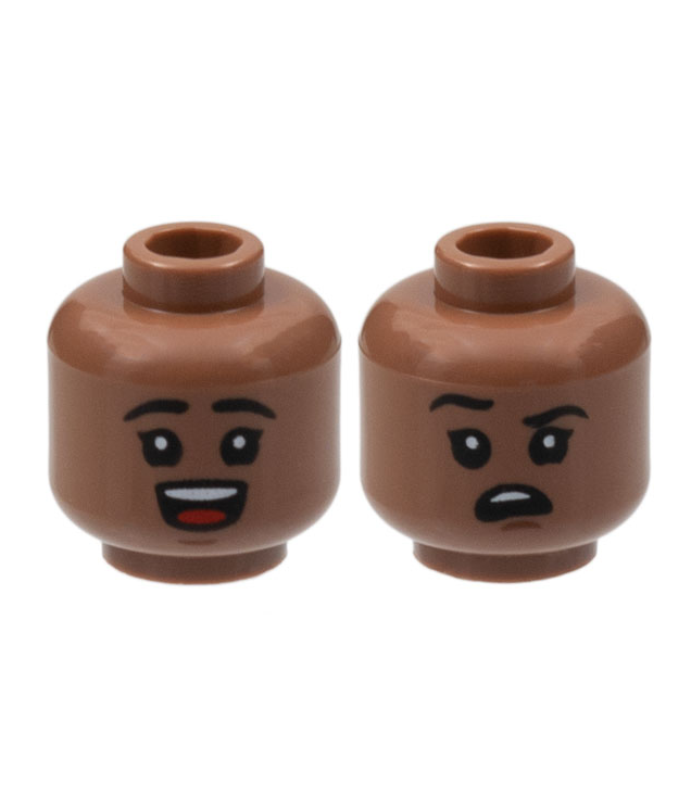 LEGO - Minifiguur-hoofd dubbelzijdig kind, zwarte wenkbrauwen, open mond glimlach met boventanden en rode tong / rechter wenkbrauw opgetrokken, verward patroon - holle nop - Medium Brown | N
