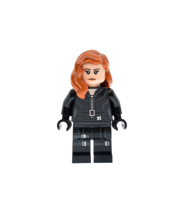 LEGO - Black Widow - zwart pak, donkeroranje halflang haar, bedrukte benen, zwarte handen, donkerbruine wenkbrauwen - | N