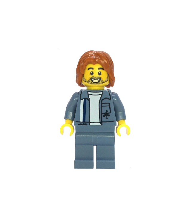 LEGO - Sloopplaatsmedewerker - man, zandblauw monteursoverhemd over wit shirt, zandblauwe benen, donkeroranje halflang warrig haar, stoppels - | N