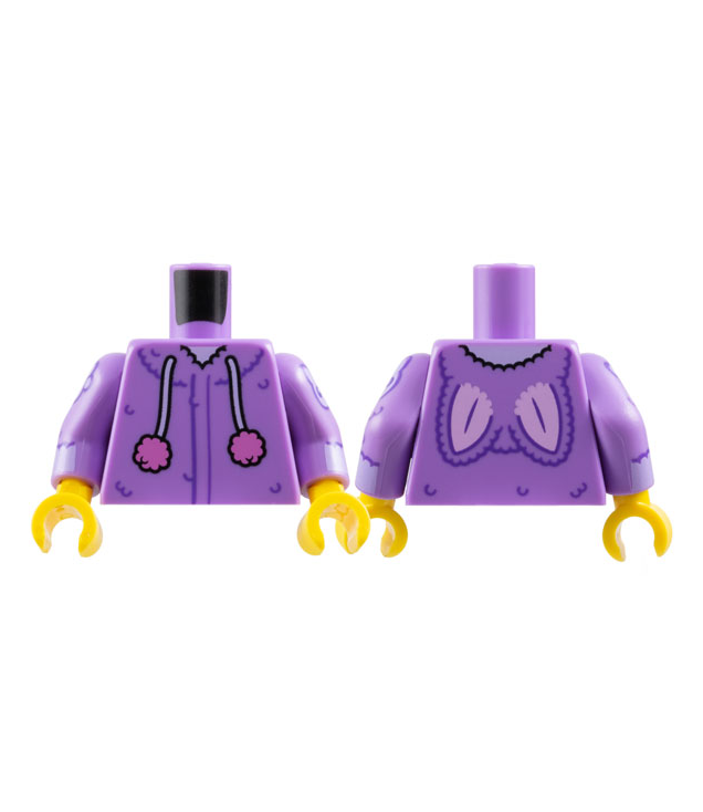LEGO - Torso konijnenhoodie met donkerpaarse lijnen en bont, lavendelkleurige koorden met donkerroze pompons en felroze oren / middel-lavendel armen met donkerpaarse manchetten en kattenhoofd-/pootpatroon / gele handen - Medium Lavender | N