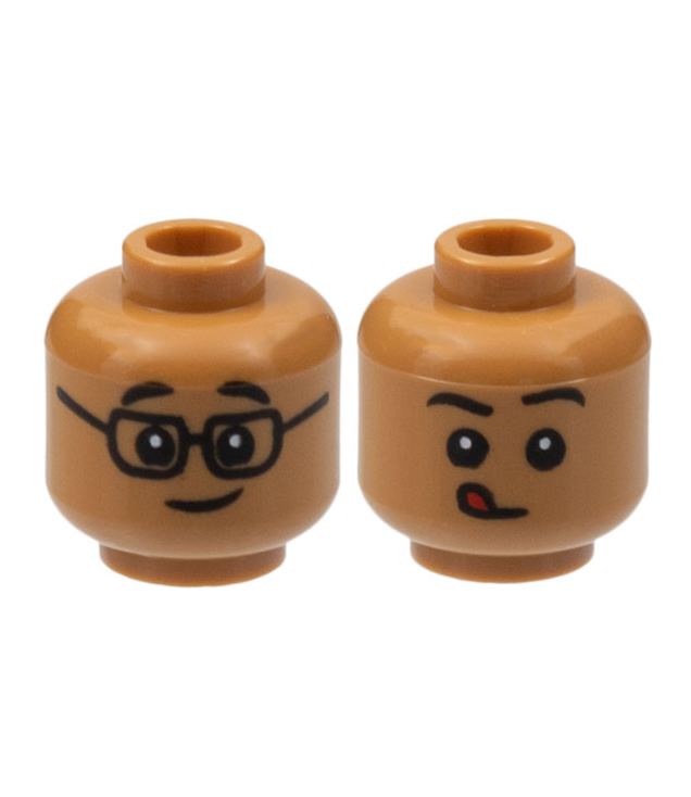 LEGO - Minifiguur-hoofd dubbelzijdig kind, zwarte wenkbrauwen, bril en grijns / gesloten mond met rode tong-lick-patroon - holle nop - Medium Nougat | N