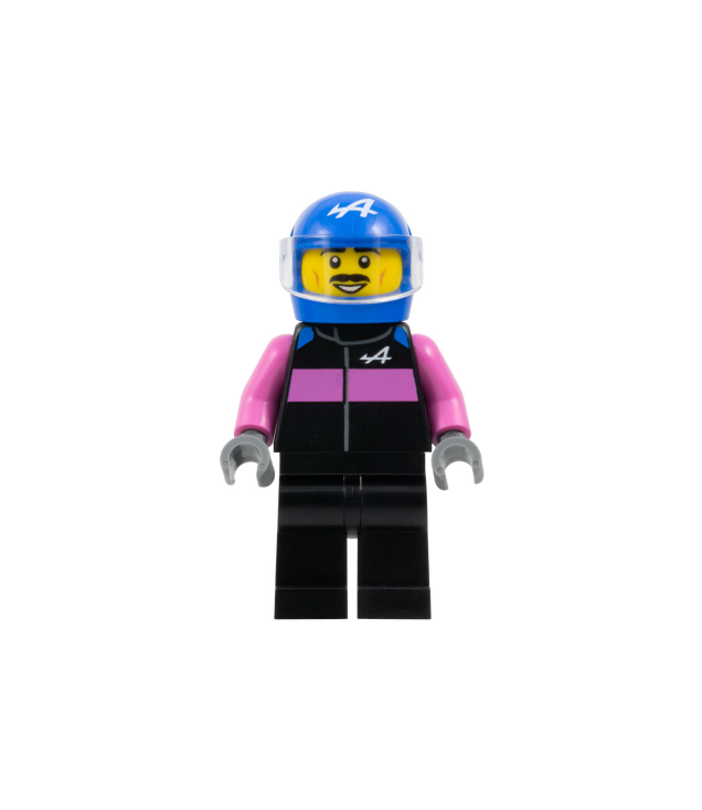 LEGO - Alpine F1-coureur - man, zwart racepak met donkerroze mouwen en streep, blauwe helm, doorzichtvizier - | N