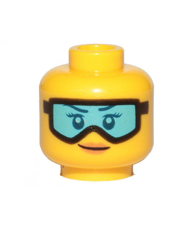 LEGO - Minifiguur-hoofd, vrouwelijk met donkerblauwe wenkbrauwen, wimpers en ogen, zwarte skibril met middelazuur lens, nougat lippen en glimlach - holle nop - Yellow | N