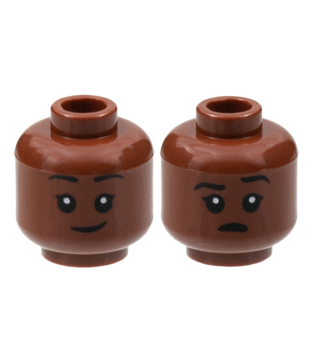 LEGO - Minifiguur-hoofd dubbelzijdig kind, zwarte wenkbrauwen, grijns / open mond met linker wenkbrauw opgetrokken - holle nop - Reddish Brown | N