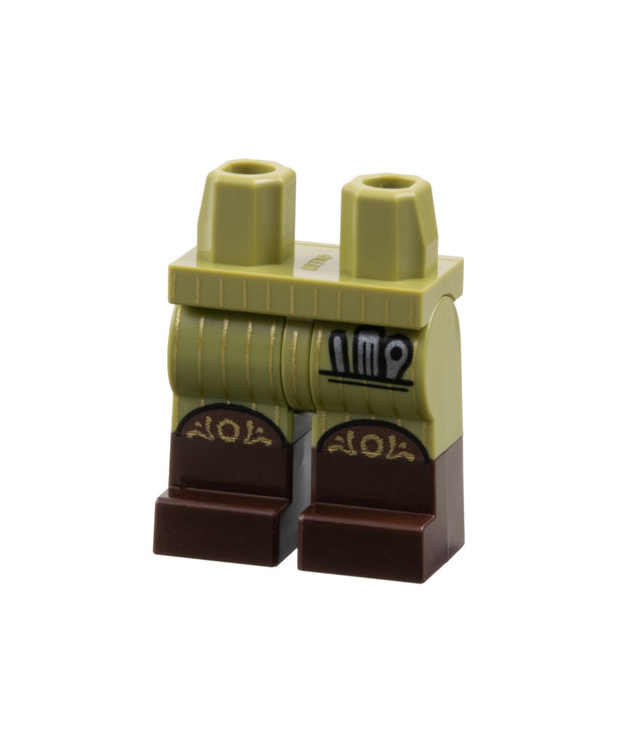 LEGO - Heupen en benen met gegoten donkerbruine onderbenen / laarzen en goudkleurige strepen en filigraan, zwarte en zilveren gereedschappen in zakpatroon - Olive Green | N