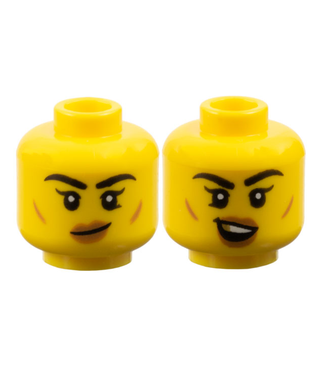 LEGO - Minifiguur-hoofd dubbelzijdig vrouw, dikke zwarte wenkbrauwen, enkele wimpers, nougat-wanglijnen, scheve grijns / open mond glimlach met boventanden en gouden tand - geventileerde nop - Yellow | N
